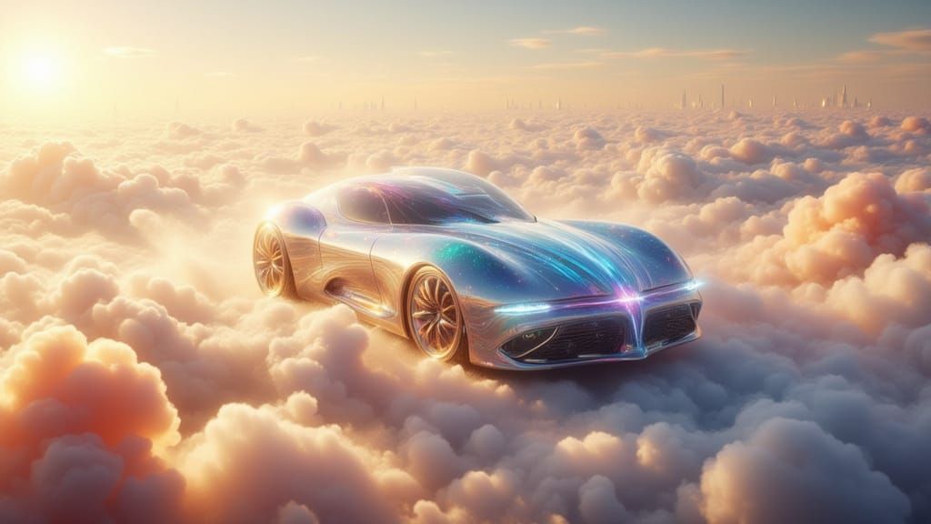 Futuristic Air-Car Soars Through Pearlescent Sky