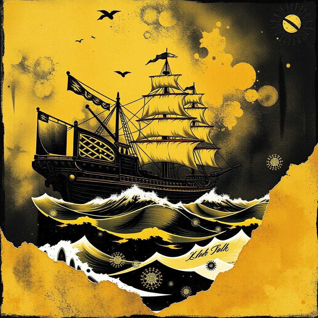 Fantasy Ship at Sea Gold and Black Artwork