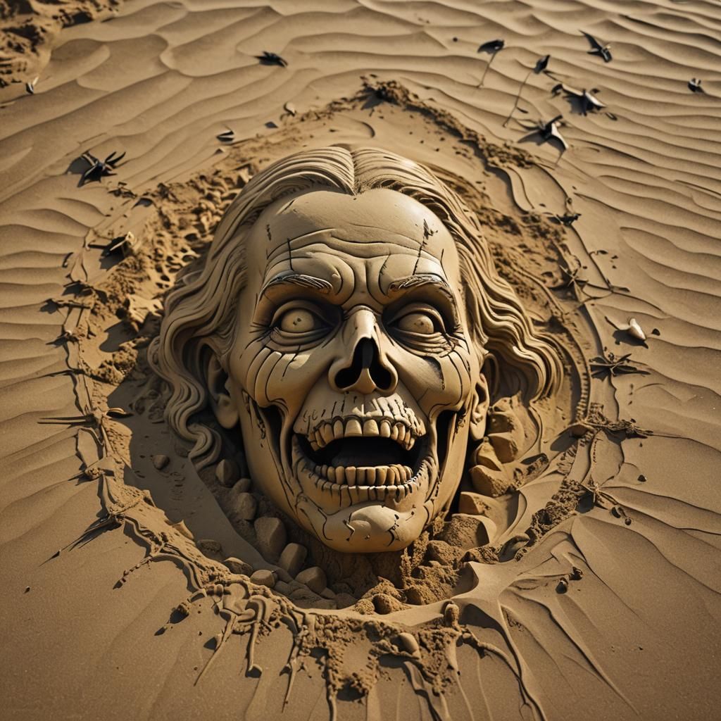 Hyperrealistic Sand Art Zombie Head on Beach