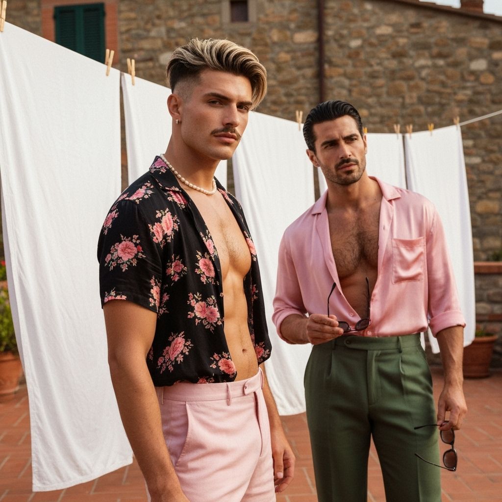 Tuscan Terrace Portrait: Man in Floral Shirt with Modern Hai...