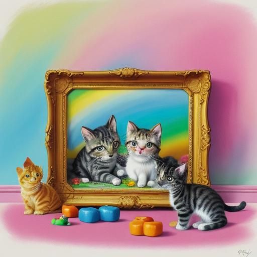 Kittens Playing: Whimsical Gouache Painting in Candy Colors