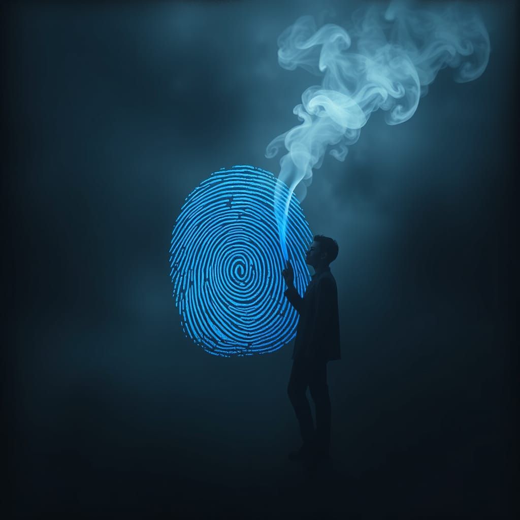 Surreal Blue Fingerprint Merging With Ethereal Smoke