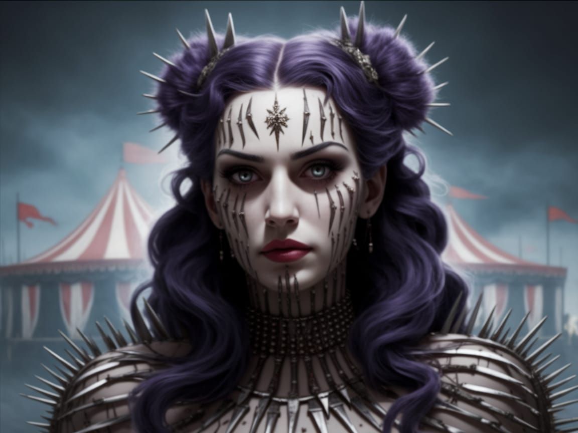 Razor Woman Amidst Dark Circus, Ethereal Fantasy
