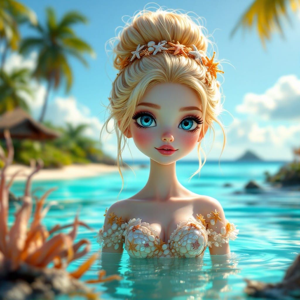 Whimsical Mermaid Girl in Iridescent Shells and Seaweed