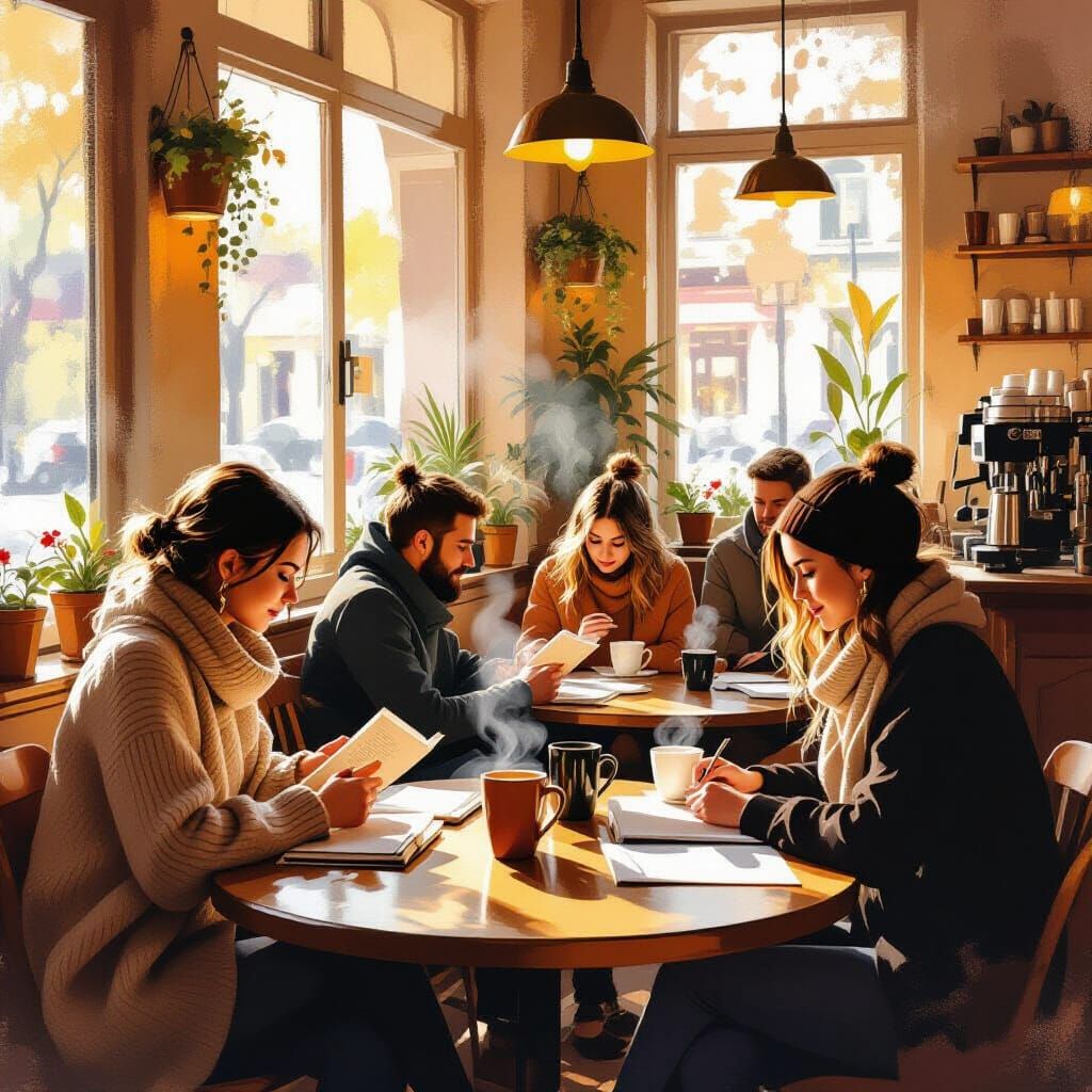Cozy Coffeehouse Scene in Soft Impressionist Style
