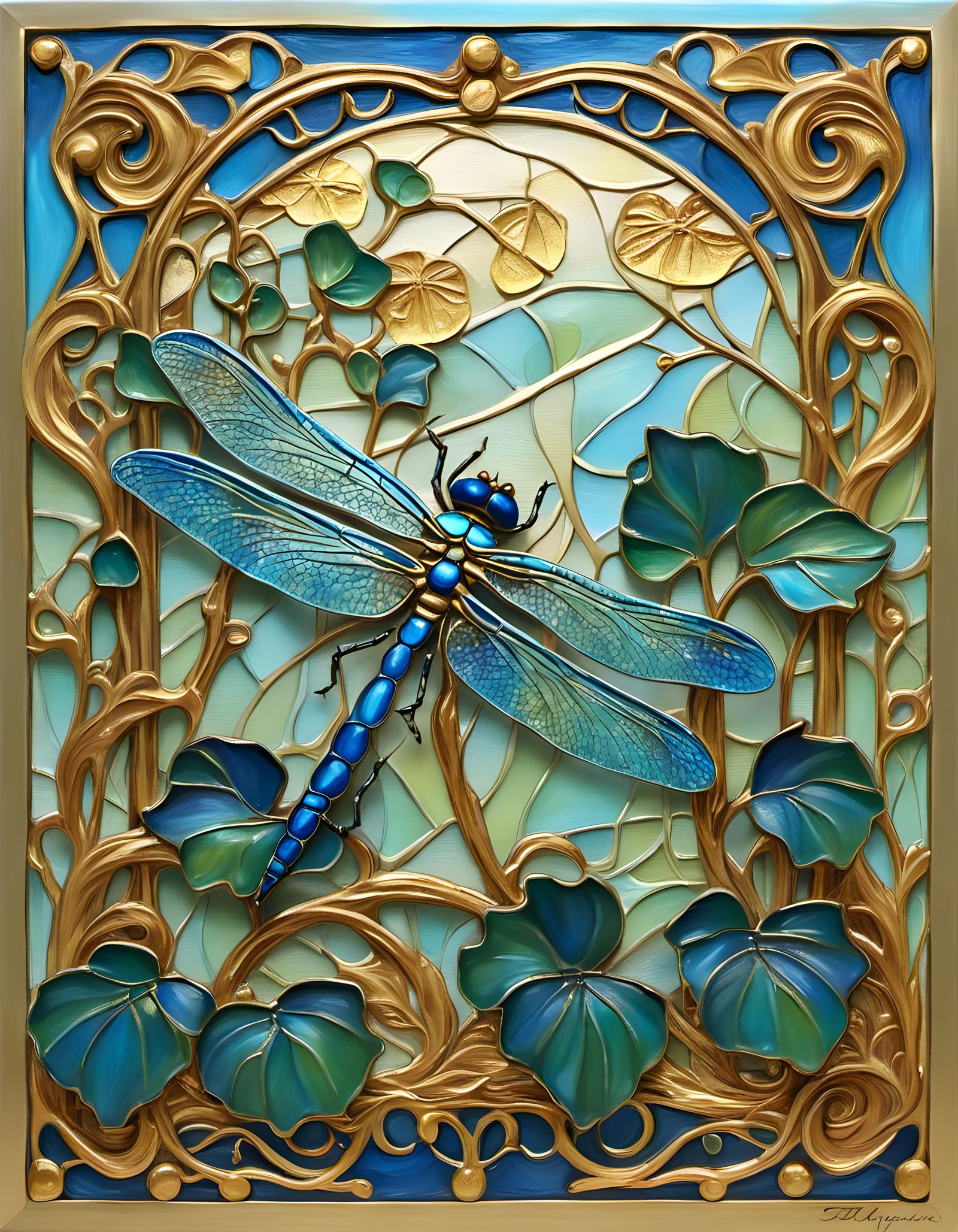 Art Nouveau Dragonfly Impasto Painting in Gold and Blue
