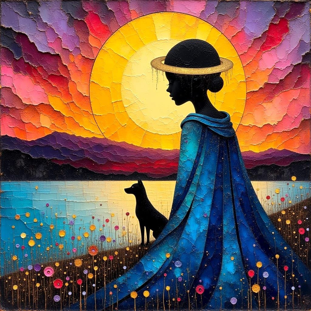 Dog and Girl in Cloak at Sunset, Impasto Oil Painting