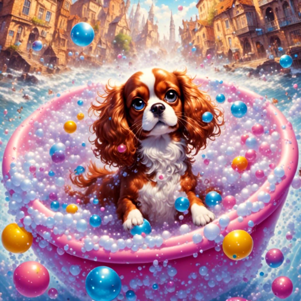 Cartoon Cavalier King Charles Spaniel in Bubble Bath