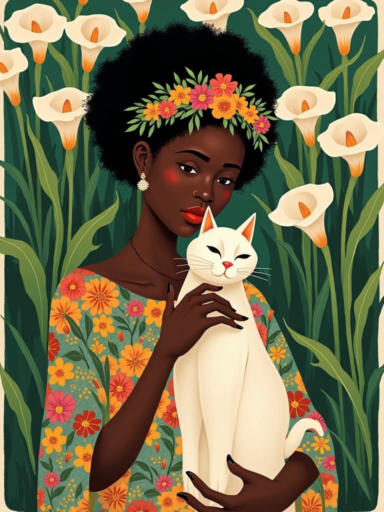 Yoruba Woman, Cat, and Lilies in Hanafuda Card Style