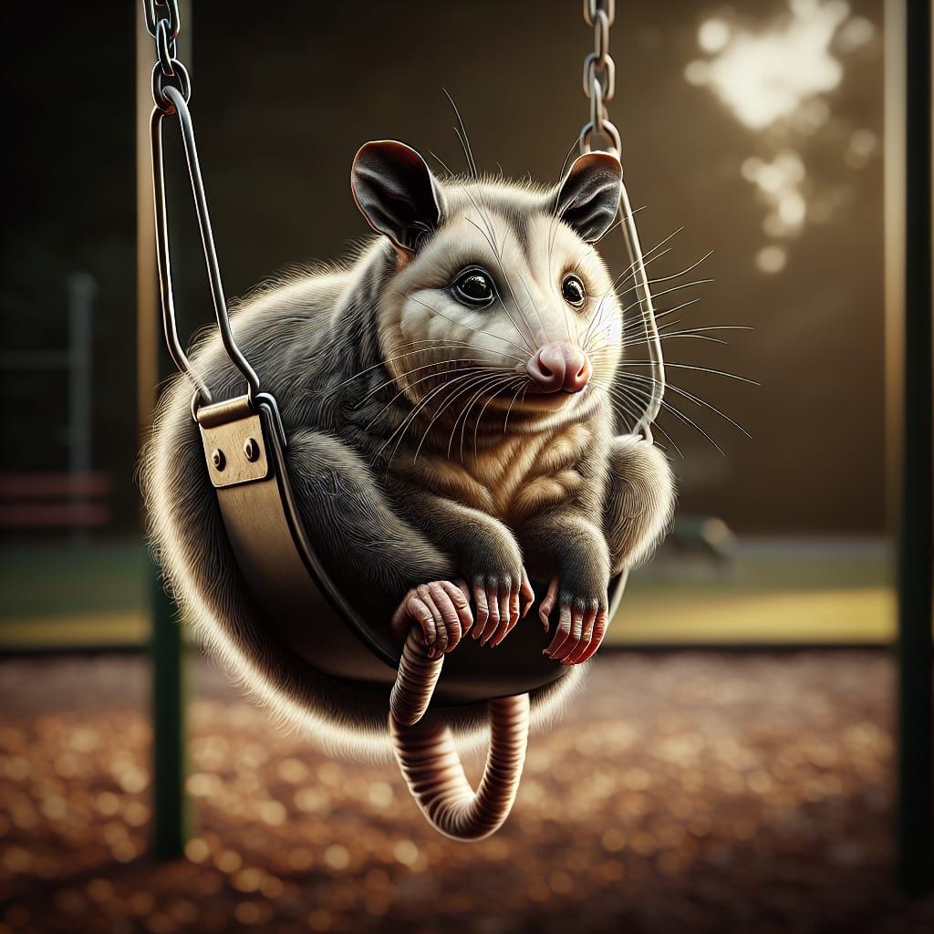Hyperrealistic Possum on a Playground Swing