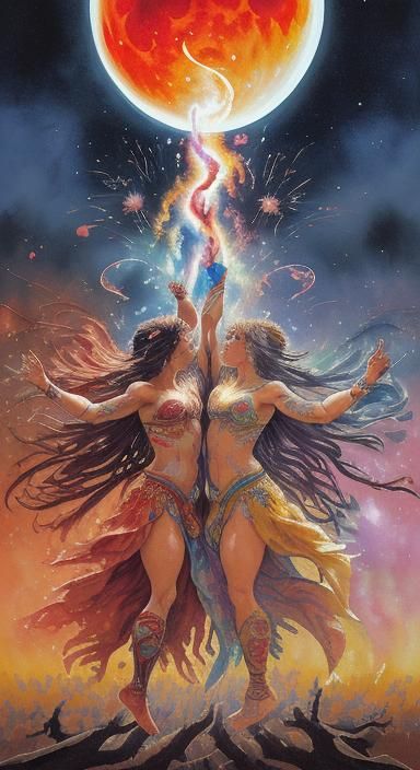 Tribal Lunar Dance: Impasto Gouache Masterpiece