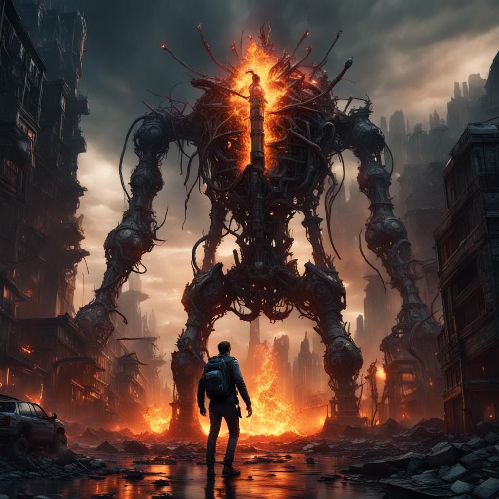 Evil Mech Roams Dystopian City in Dark Fantasy Art