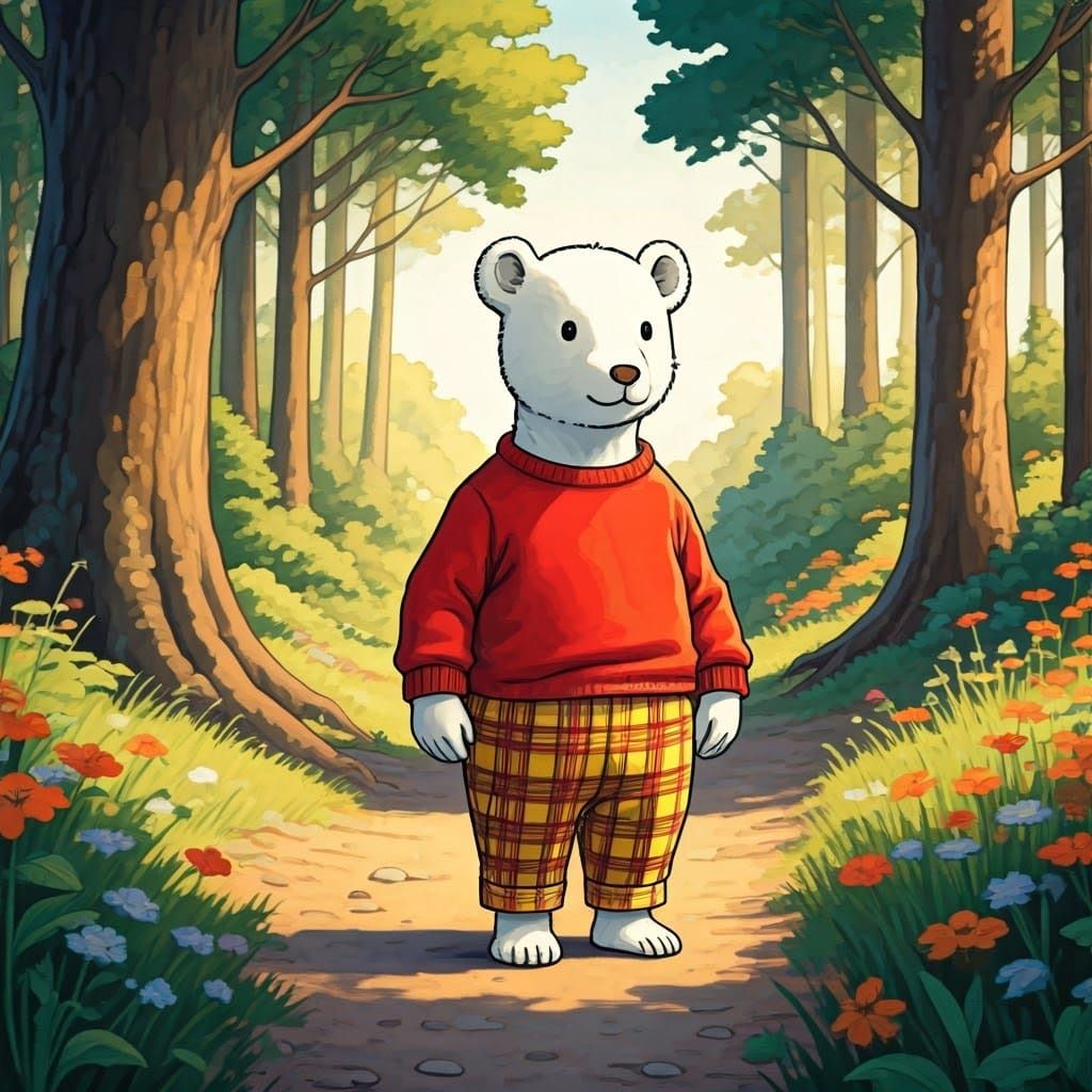 Whimsical White Bear in Red Jumper and Yellow Tartan Trouser...
