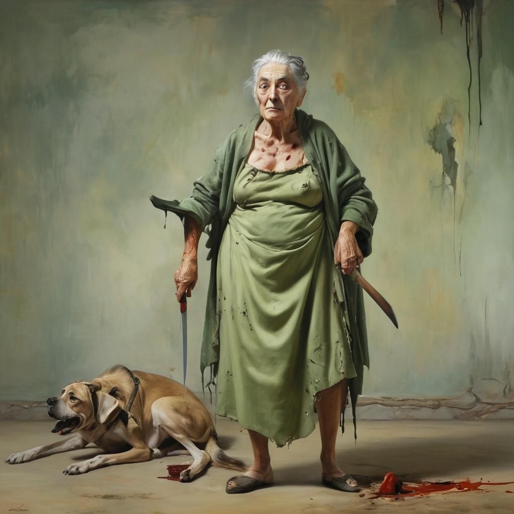 Surreal Green Hunchback Woman with Knife