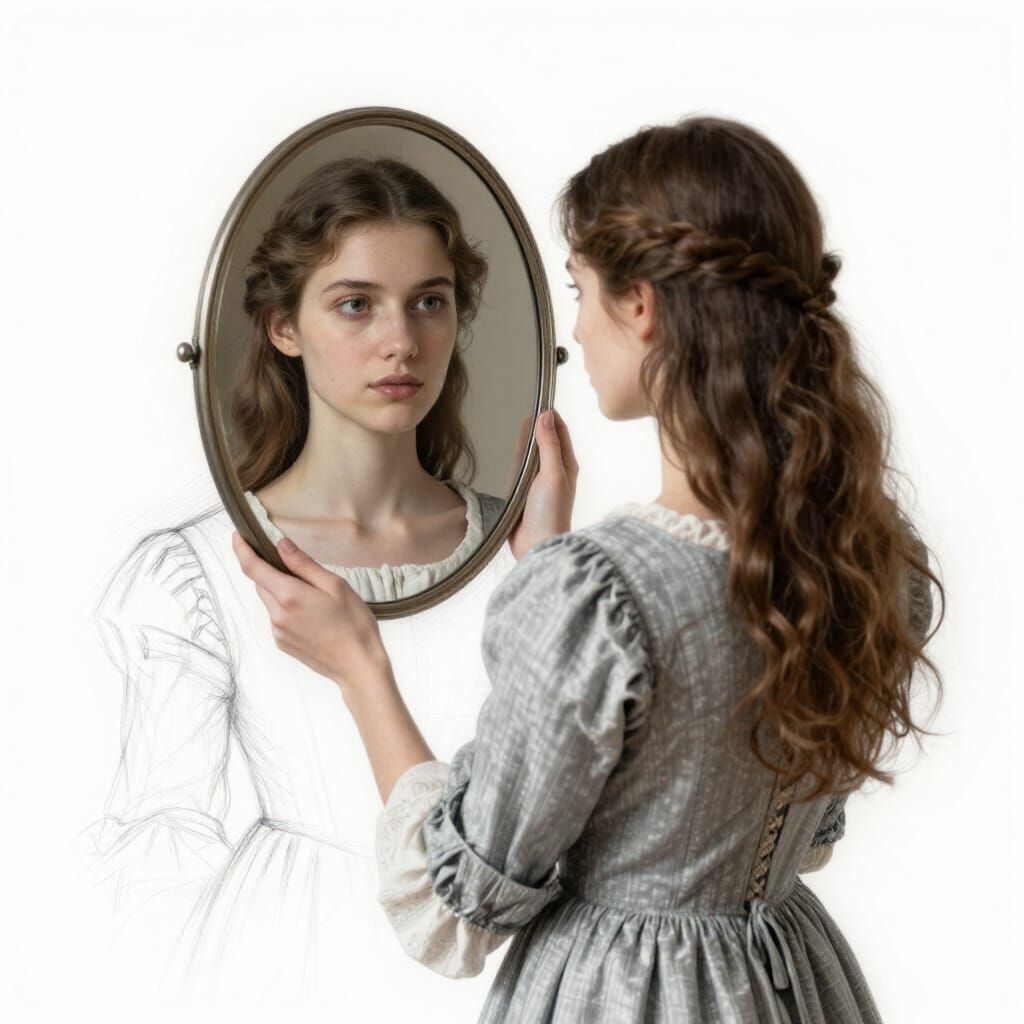 Woman in 18th Century Dress Holds Mirror With Photorealistic...