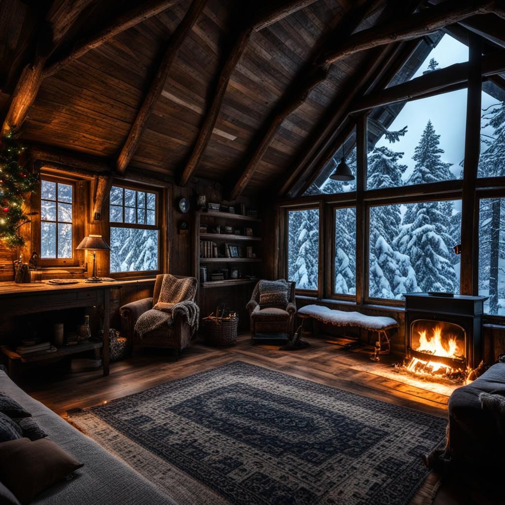 Cozy Cottage Room in Winter Forest