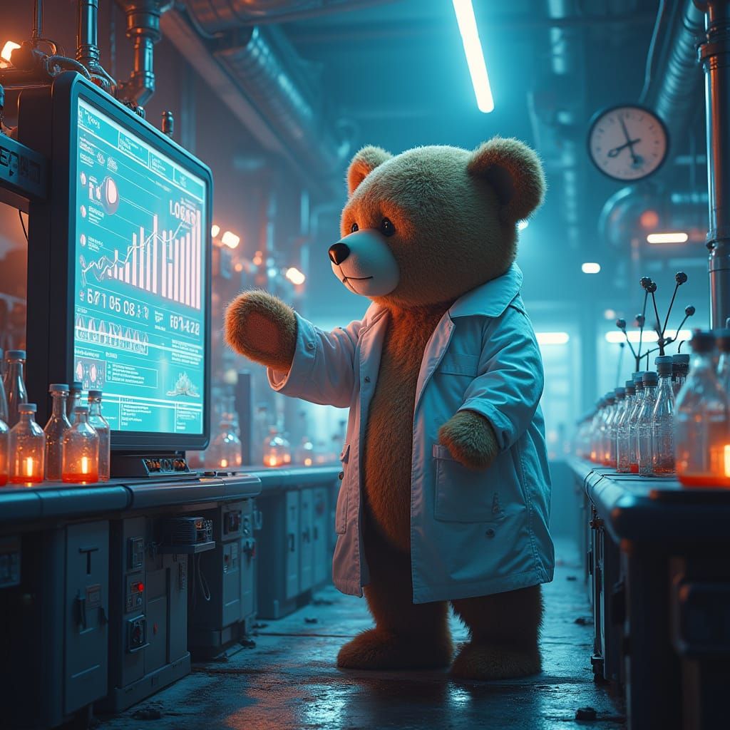 Colossal Teddy Bear in Futuristic Neon Laboratory