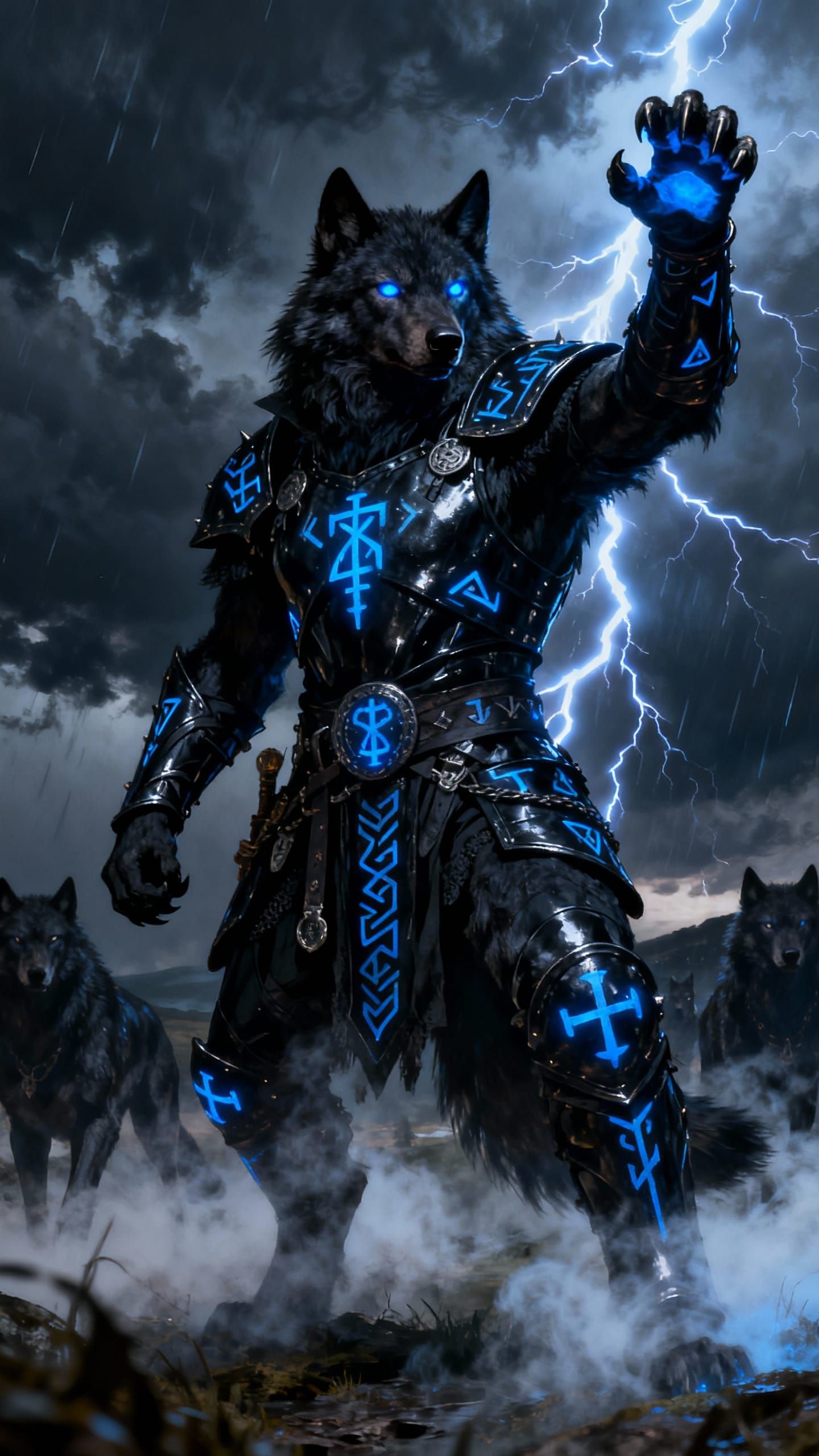 Wolf Warrior in Runic Armor Under Stormy Skies