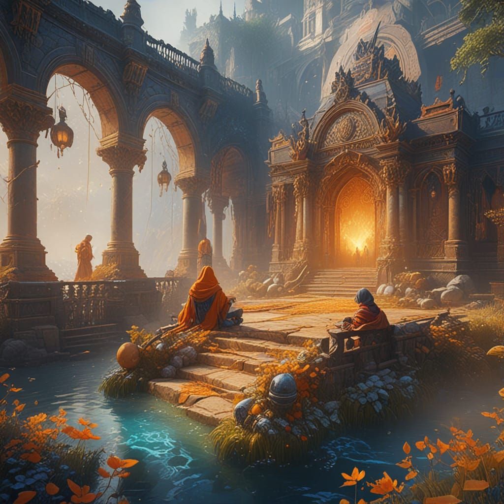 Fantasy People in Golden Light: Vibrant Oil Painting