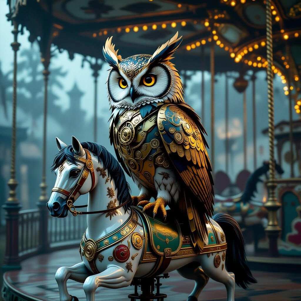 Clockwork Owl on Carousel Horse in Abandoned Fairground