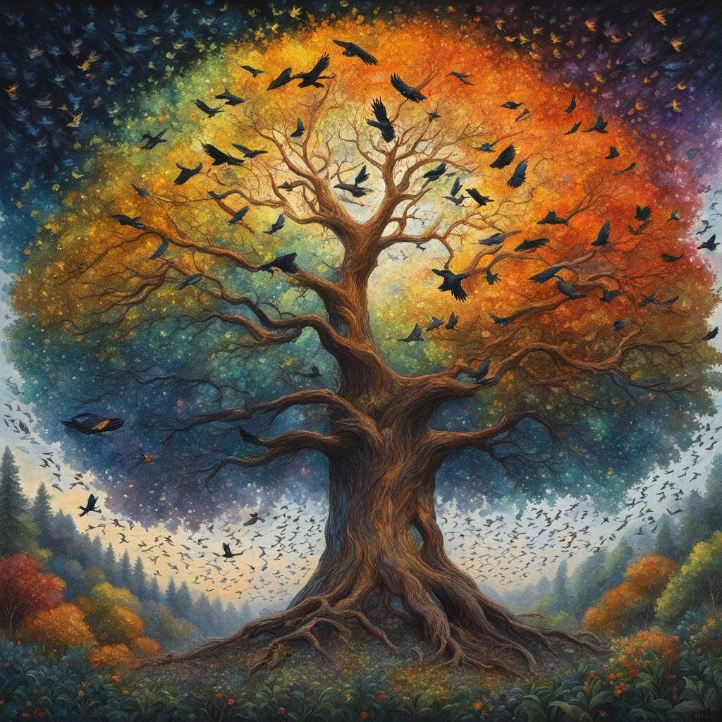 Birds Fly Around Tree of Life: Expressionist Gouache