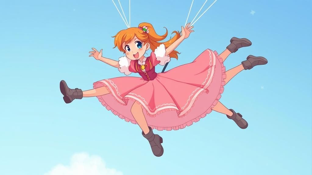 Anime Style Cartoon: Orange-Haired Woman Parachuting