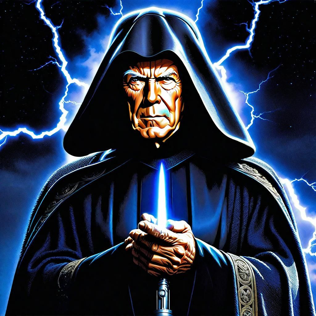 Clint Eastwood, wear Emperor Palpatine Cloak, lightning shooting from fingertips forward