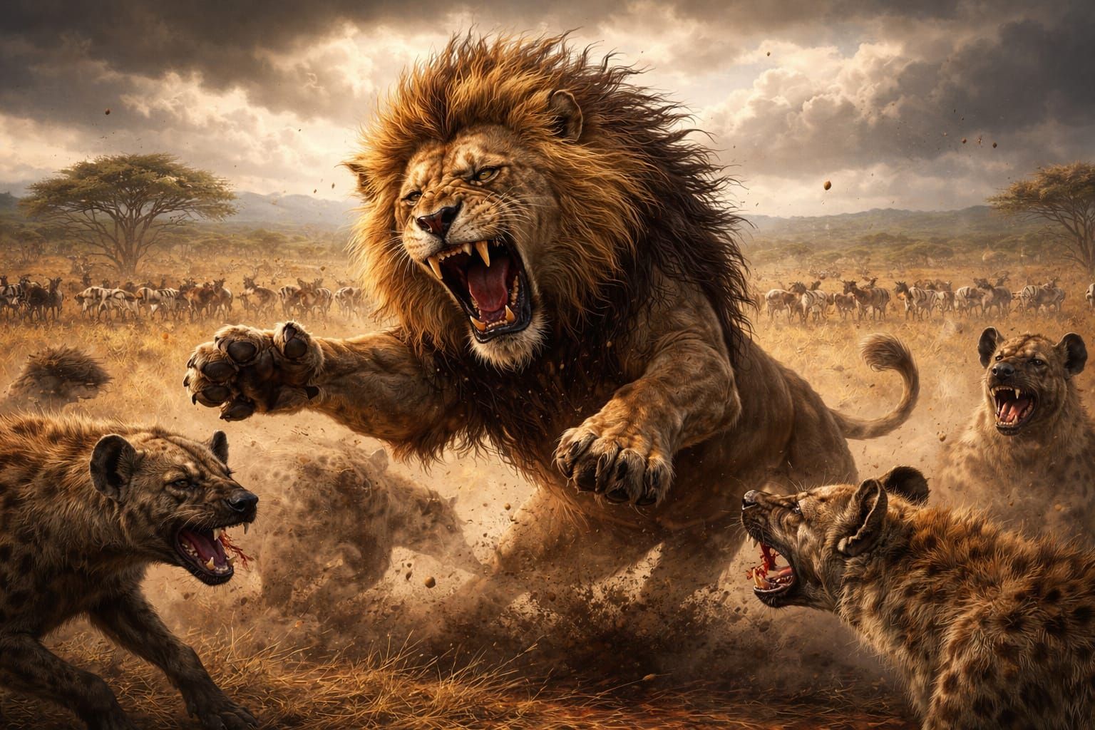 Lion Battles Hyenas on African Plains Painting