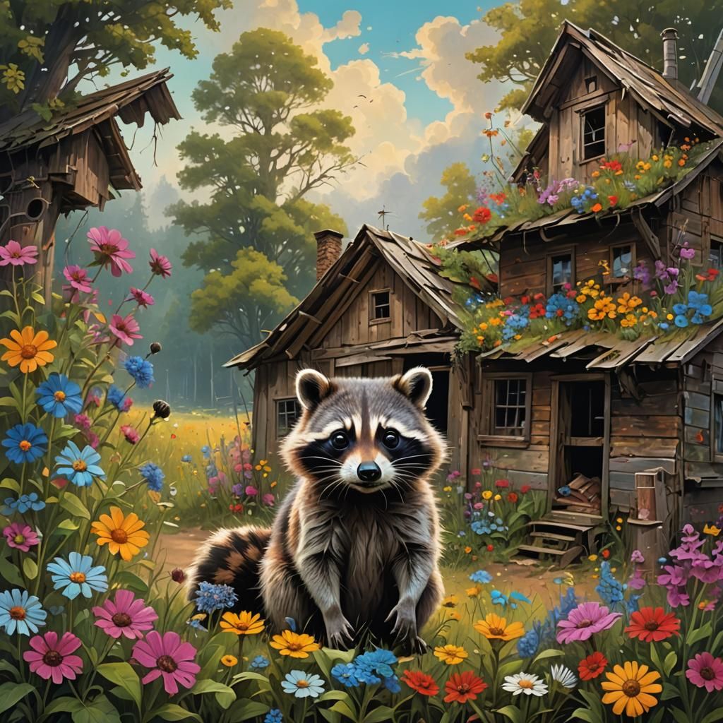 Oversized Raccoon and Shack, in Classic Painting Style