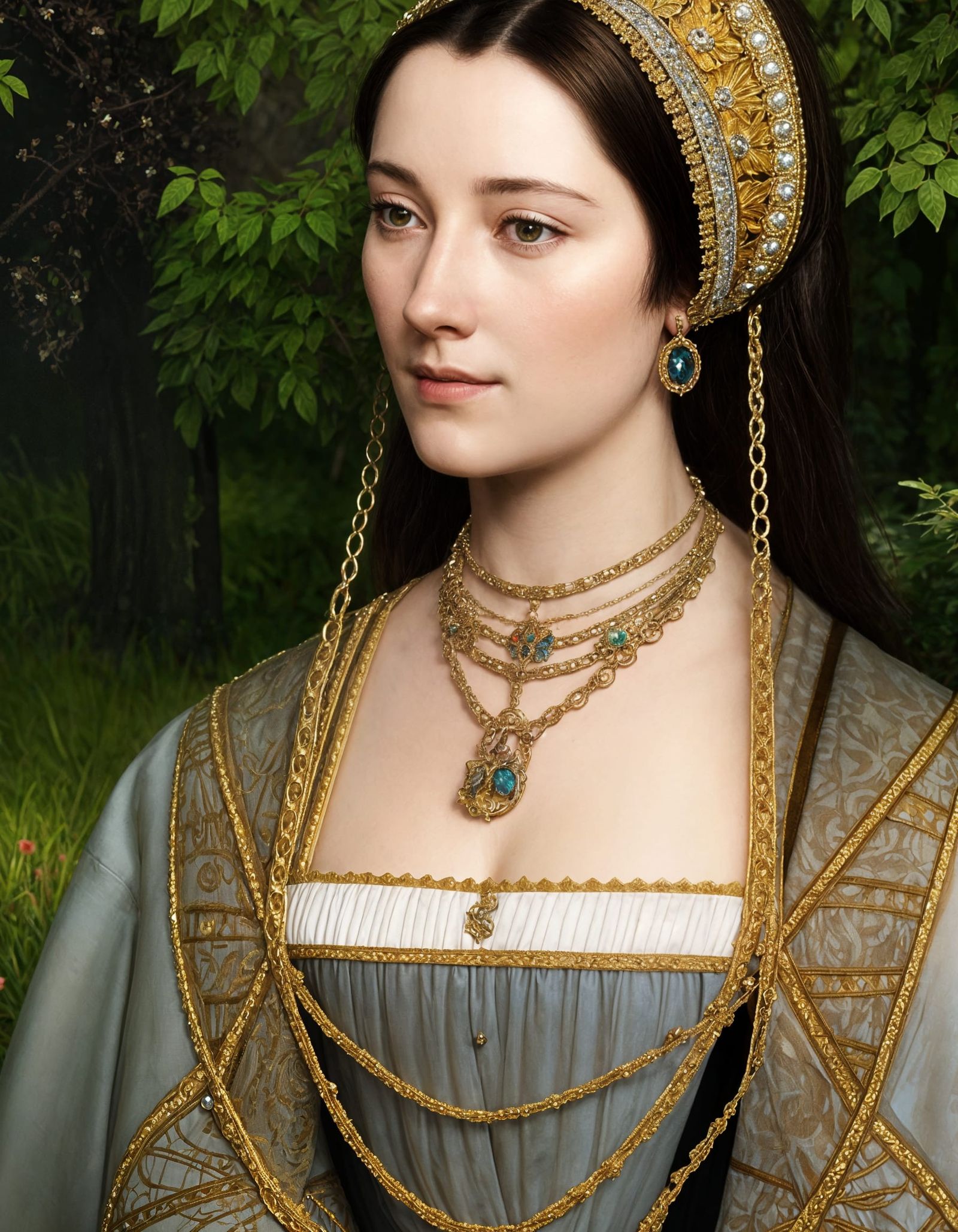 Anne Boleyn Portrait in Garden Maze, Detailed Digital Art