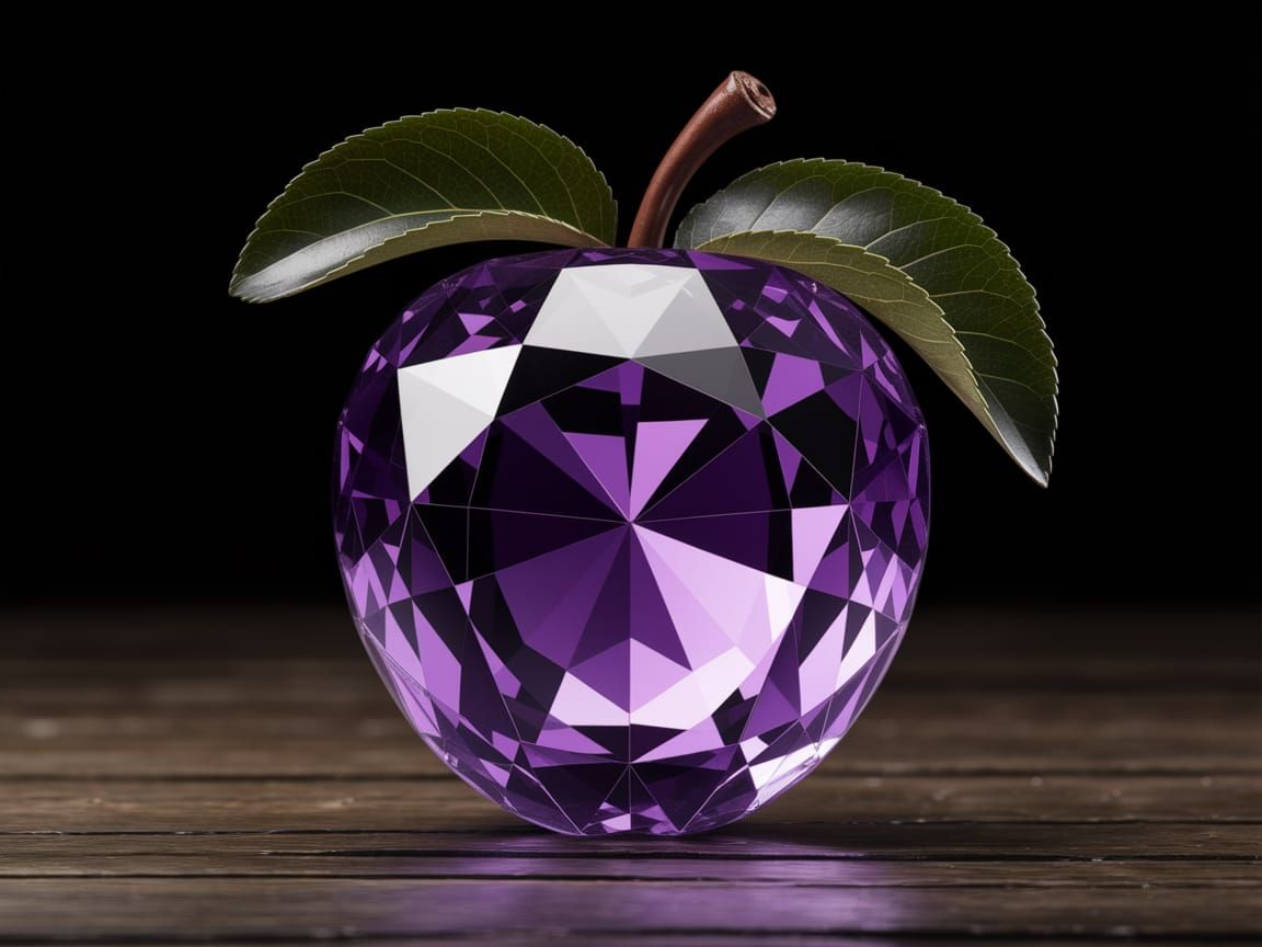 Vibrant Purple Gemstone Apple on Dark Wood
