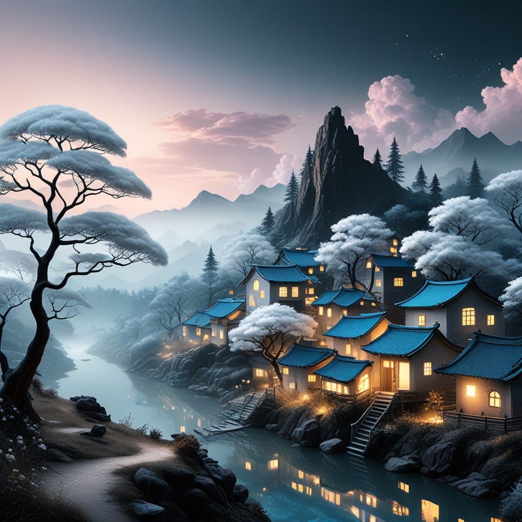 Digital art in the style of Yoshitaka Amano. Panoramic