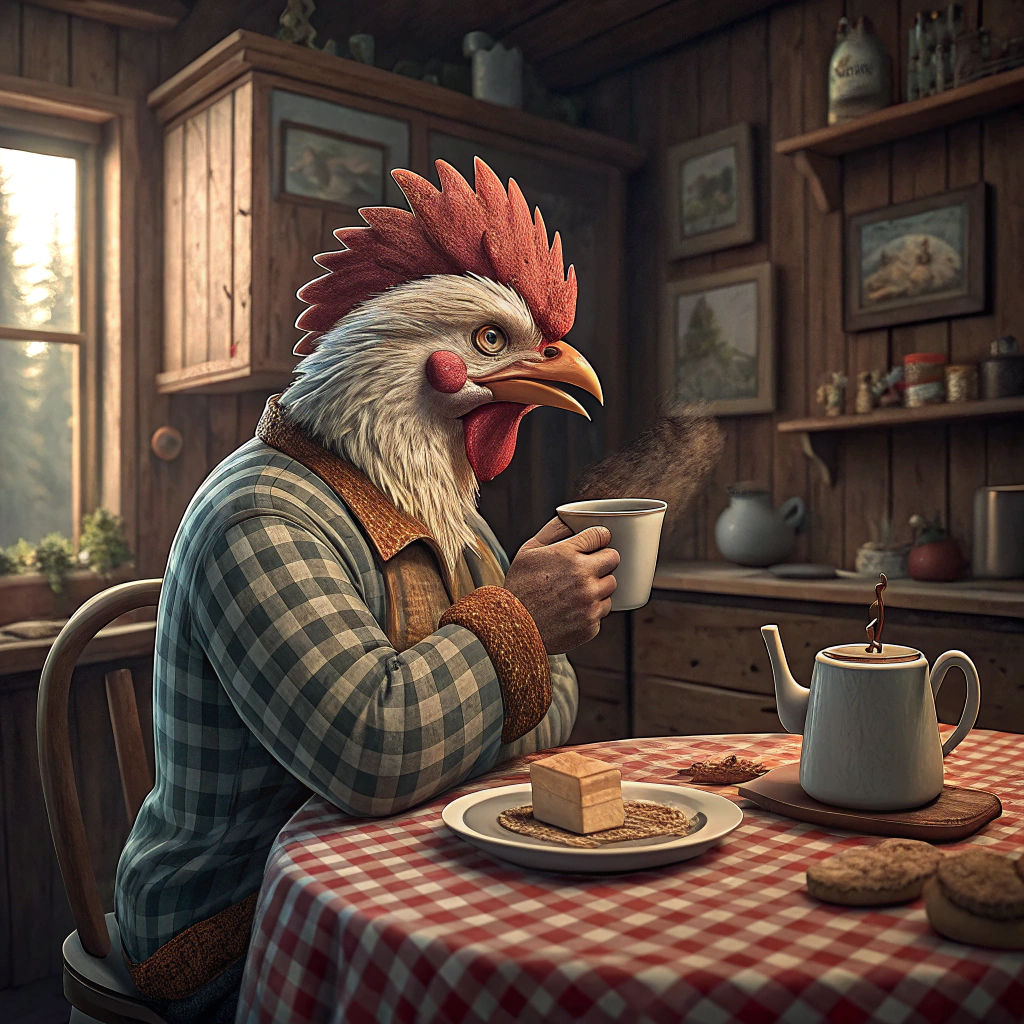 Grumpy Chicken Drinking Coffee in Rural Kitchen