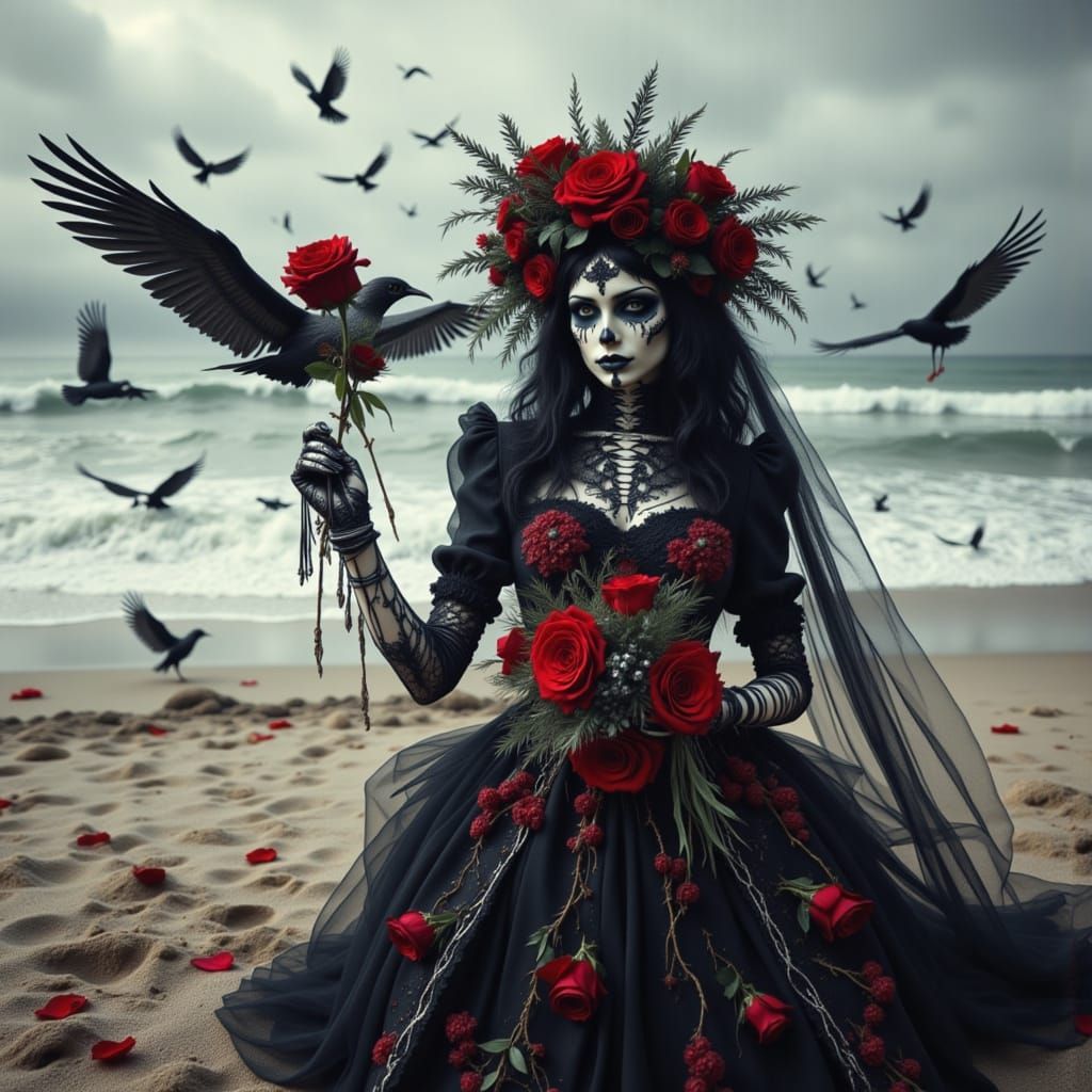 Day of the Dead Bride on a Beach in Gothic Style