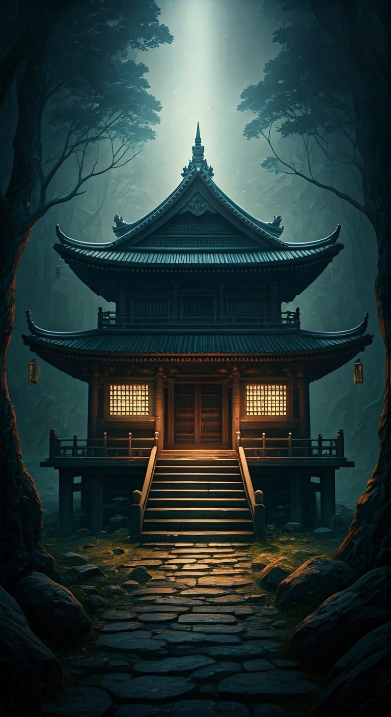 Ancient Zen Temple in Dramatic, High-Contrast Lighting
