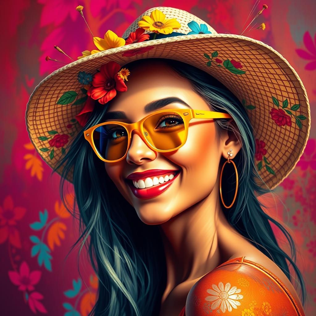 Smiling Woman in Floral Hat: Hyper-Realistic Portrait
