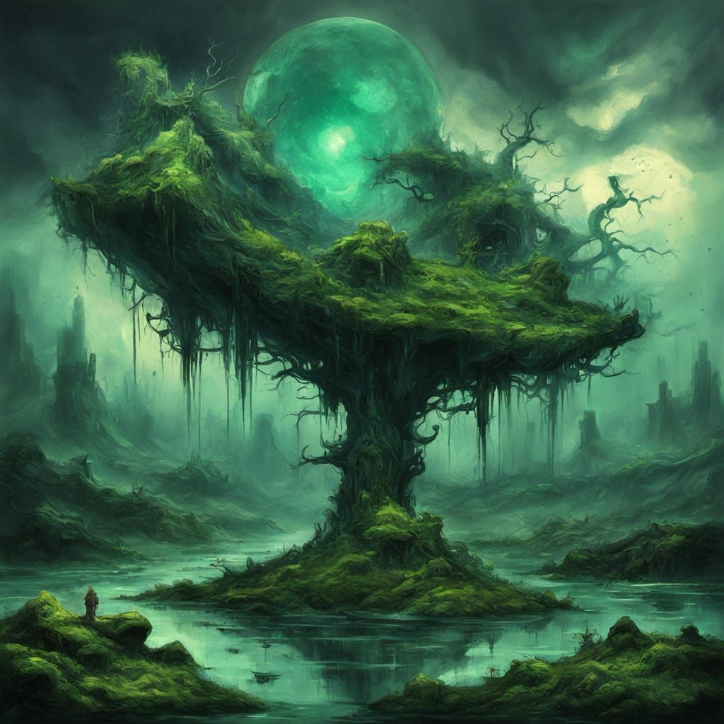 Murky Moss Dynamic Jade Painting in Post-Apocalyptic Style