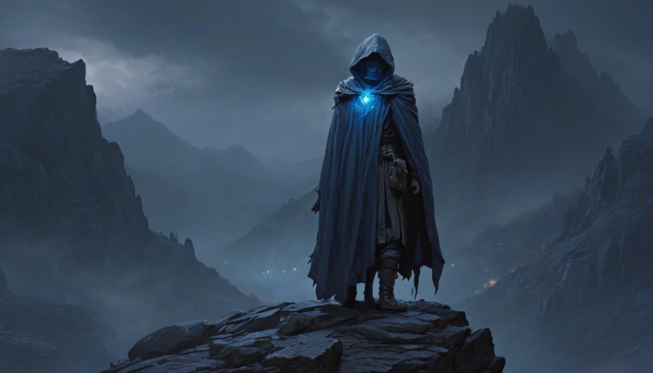 Eerie Figure in Moonlit Dark Fantasy Landscape