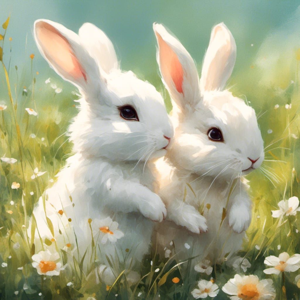 Charming Bunnies in Sunny Meadow: Watercolor Art