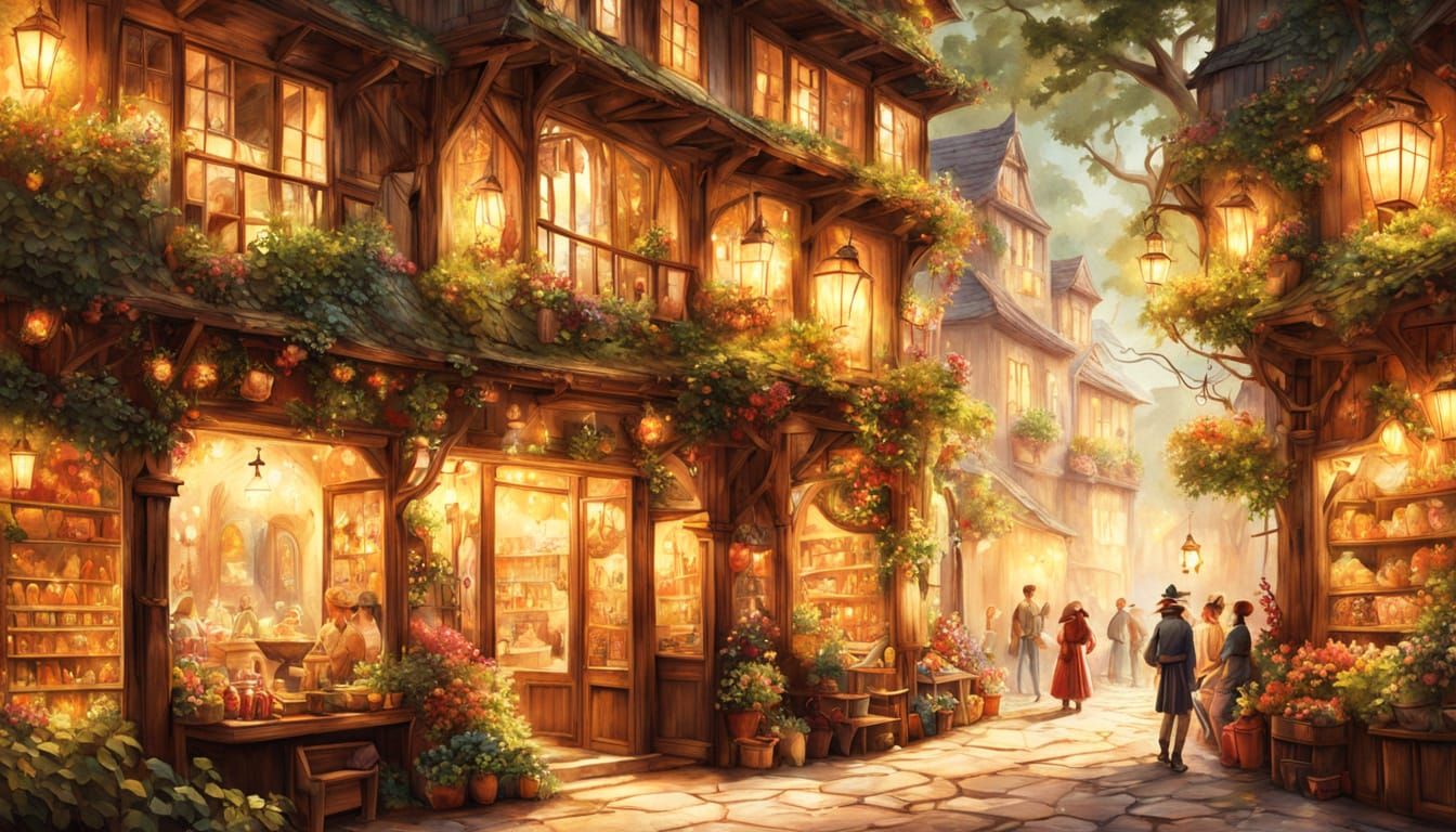 Whimsical Fantasy Village Market with Magical Charm