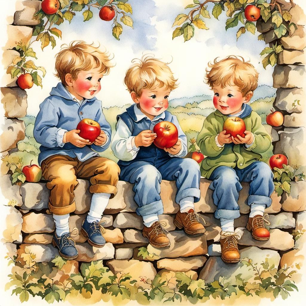 Boys on Stone Wall Eating Apples, Illustration Style