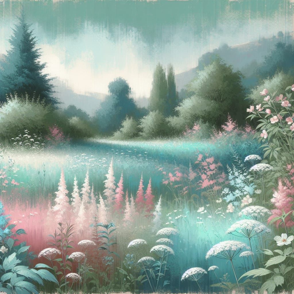 Clean Oil Painted Airbrush. Meadow Garden Scenery. Vintage style, SoftTeal and pink dominant colors, soft white highligh...
