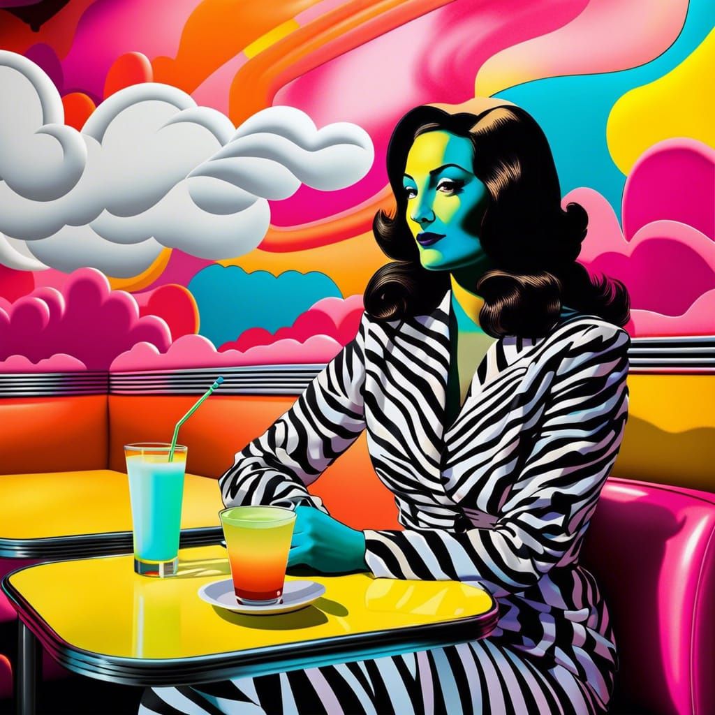 Mona Lisa in 1950s Diner with Zebraic Clouds
