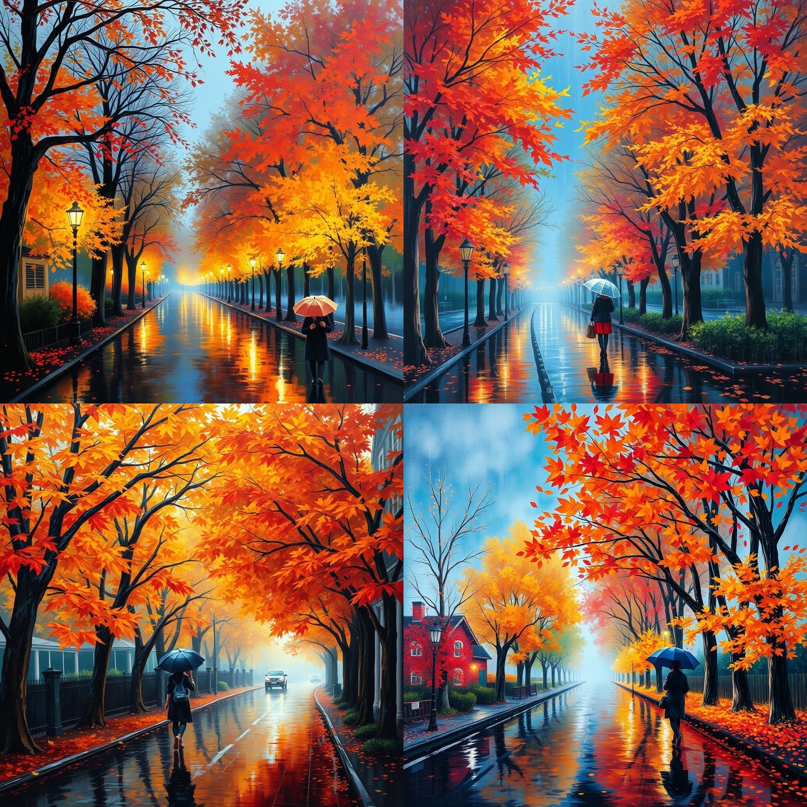 Autumnal Street Scene with Rainy Reflections