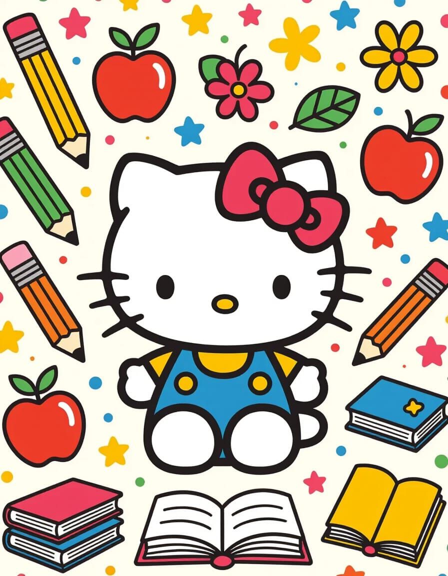 Hello Kitty Surrounded by Stickers in Kawaii Style
