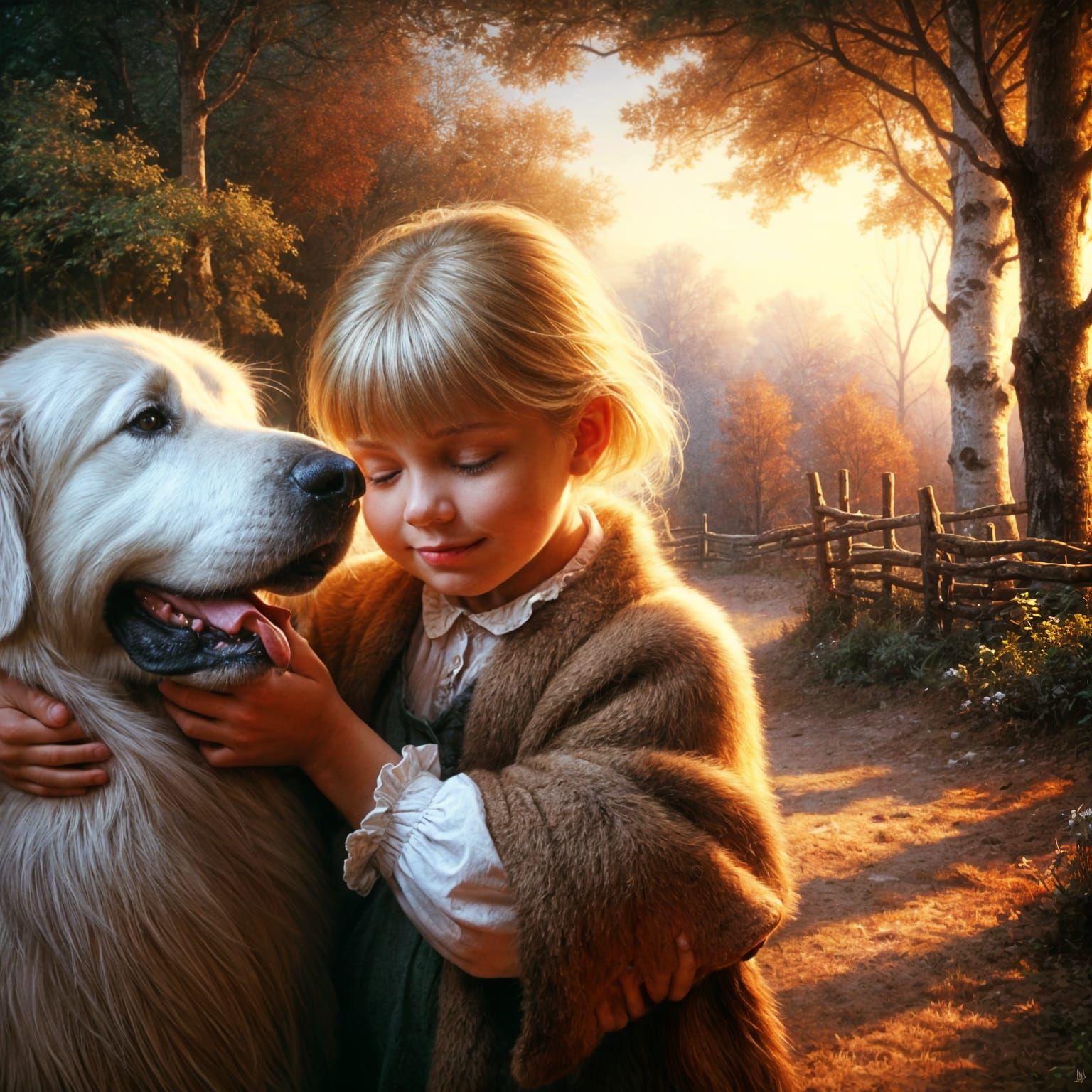 Girl Hugging Dog: A Warm Oil Painting