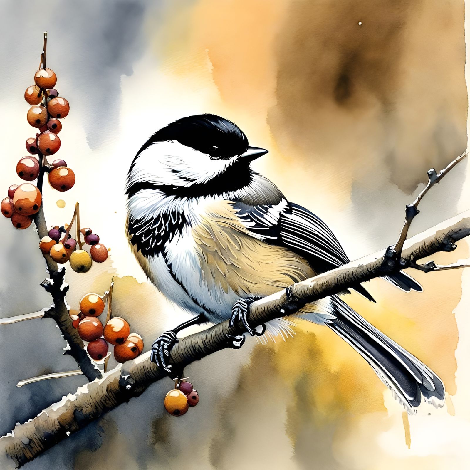 Black-Capped Chickadee Watercolor Illustration