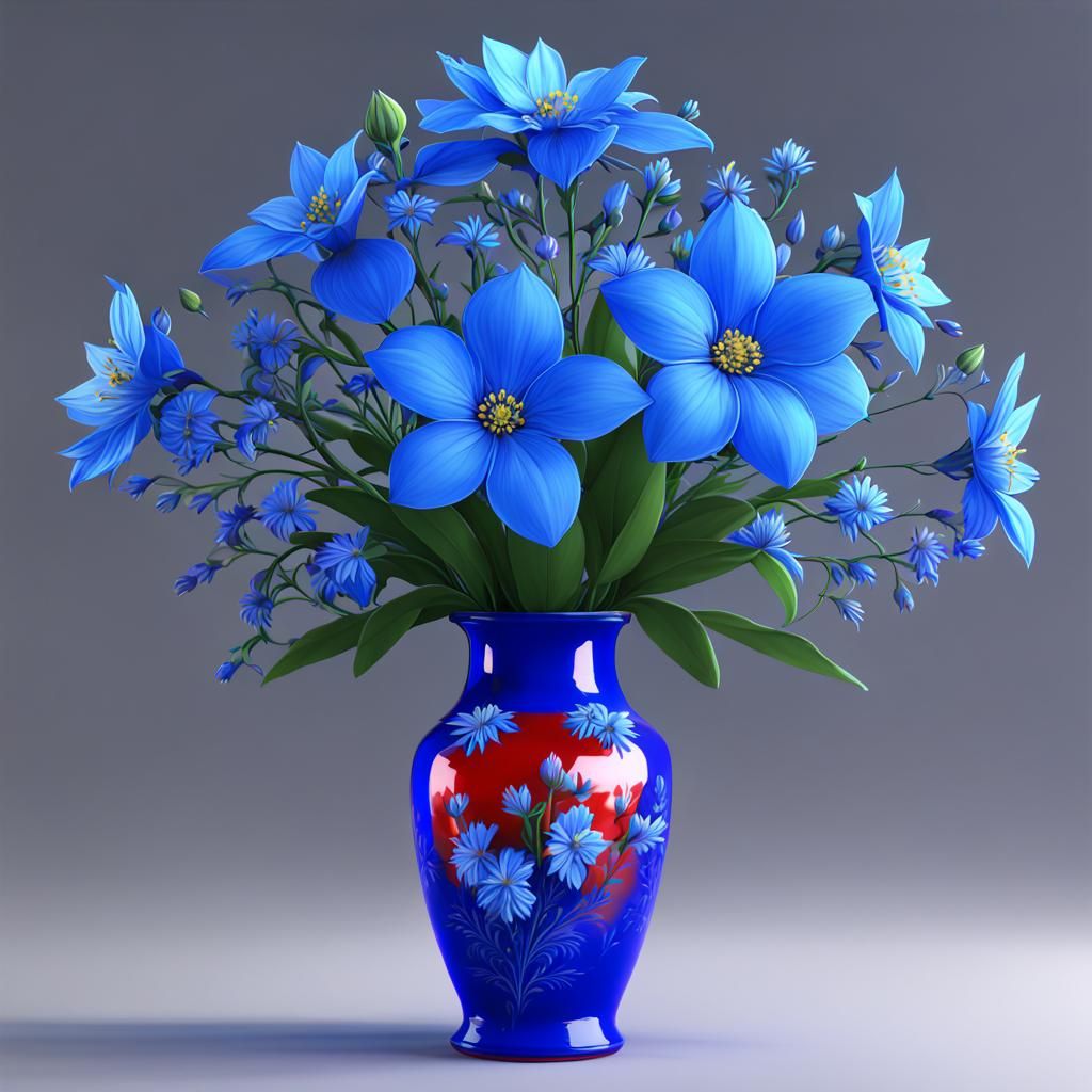 Exotic Blue Flowers in Red Vase: 3D Anime Art
