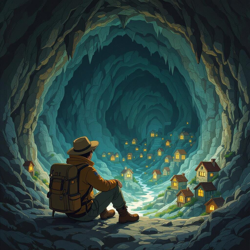 Explorer in Dimly Lit Cave with Miniature Houses