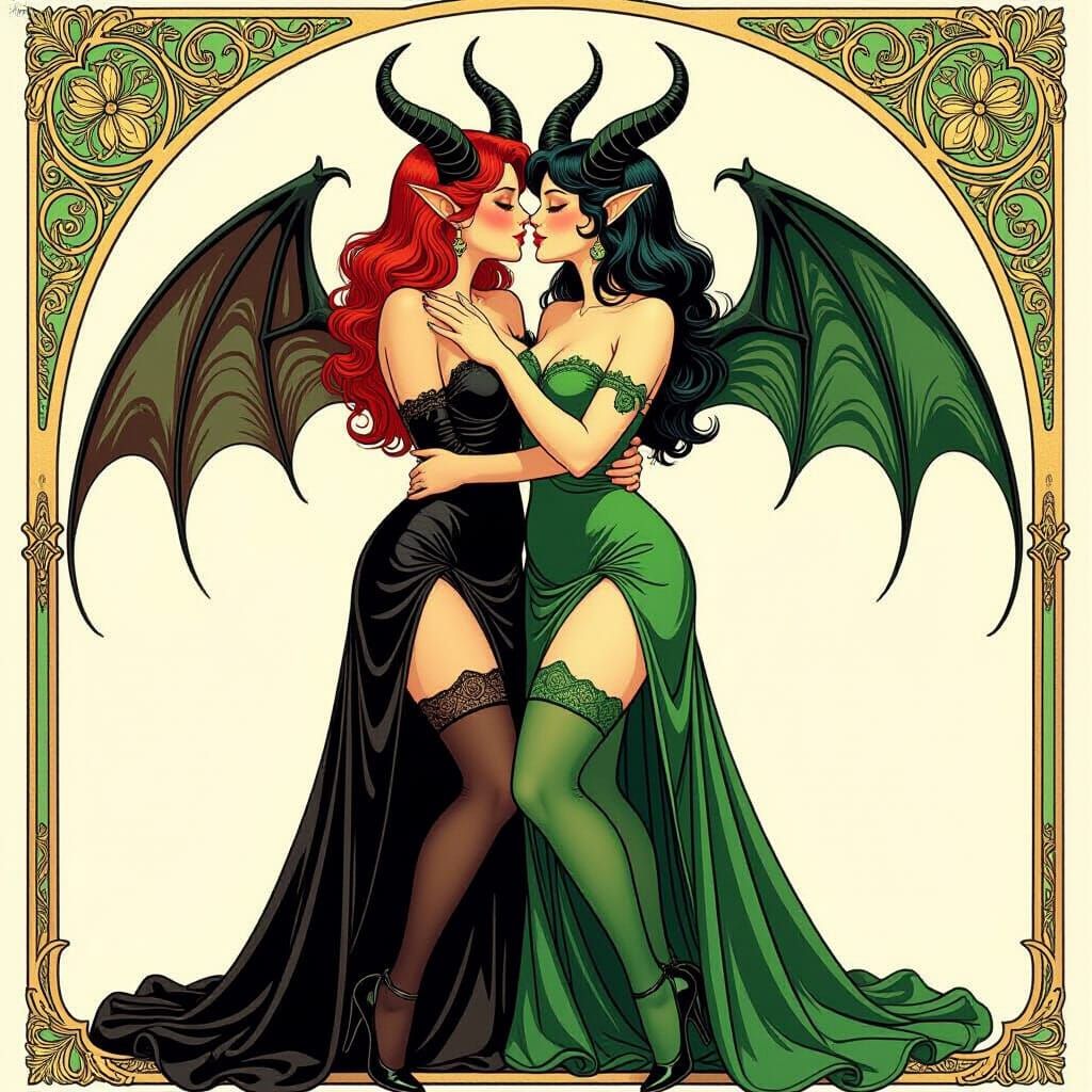 Demon Ladies Kissing in a Mystical Embrace